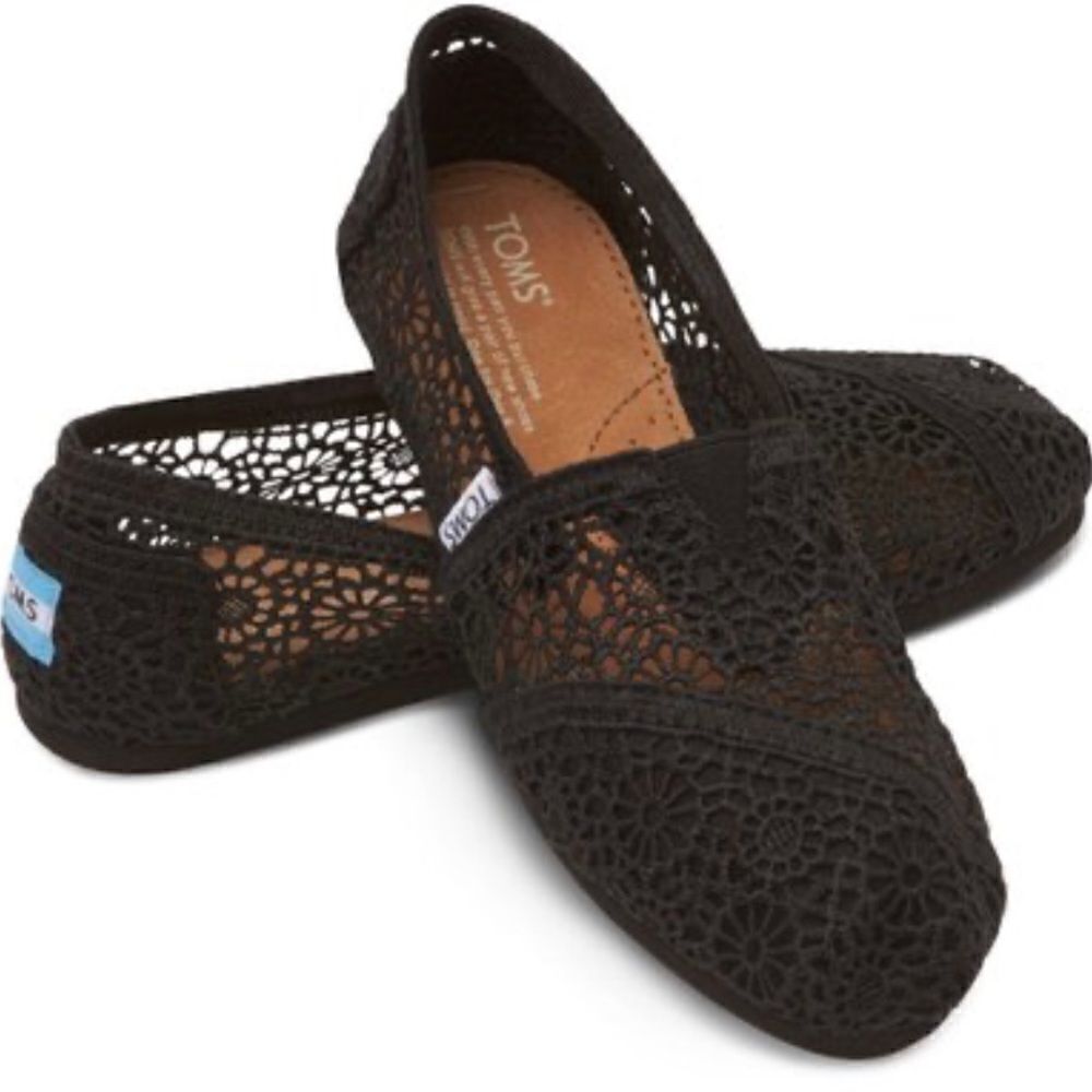 TOMS Alpargata Moroccan Black Crochet Floral Slip On Summer Flat Shoes Size 5
